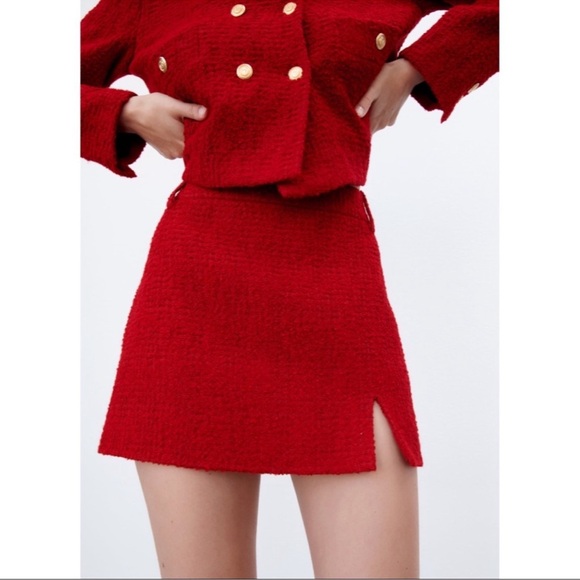Zara Tweed Mini Skirt Red - Picture 7 of 10